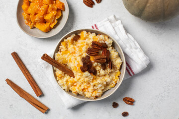 Rice millet porridge with pumpkin and cinnamon. Healthy breakfast
