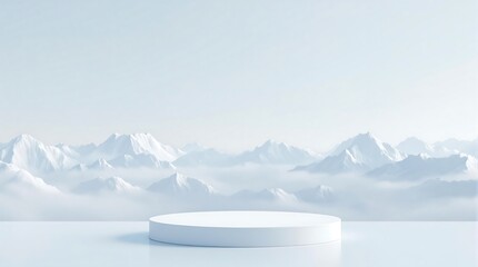 White podium display with snowy mountains and clouds in the background for product presentation use