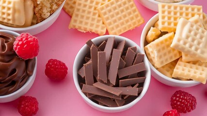 Multiple white bowls with different dessert components - chocolate chips, raspberries, chocolate mousse, pink cream, white cream, waffles on pink background - Powered by Adobe