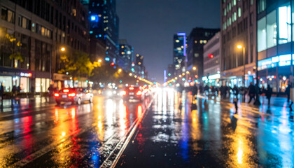 Obraz premium Rainy Night City Street with Blurred Traffic and Reflections