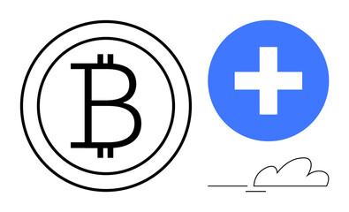 Bitcoin symbol inside a circle next to a blue plus sign and a simple cloud outline. Ideal for technology, cryptocurrency, growth, finance, innovation, health, business. A simple flat metaphor