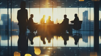 Silhouette of business people in a meeting at sunset reflecting on the floor of modern office