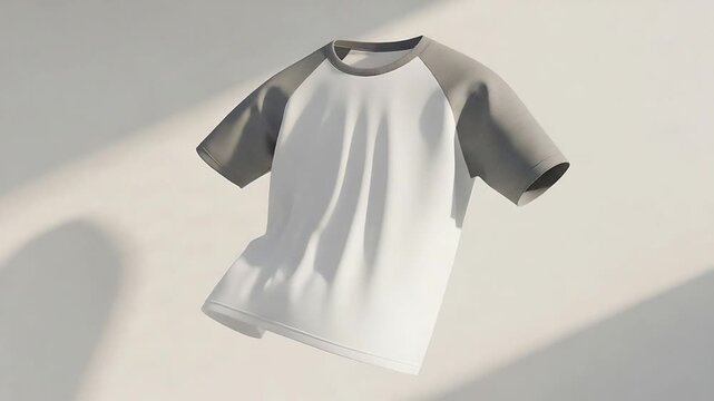 Floating White and Gray Raglan T-Shirt on Minimalist Background with Soft Shadows