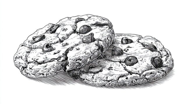 Engraving sketch of two chocolate chip cookies in crisp vintage hand drawn black and white etching style