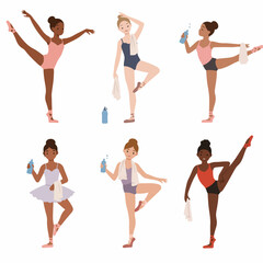 Fototapeta premium Diverse Young Ballerinas Practicing and Hydrating: A Set of Illustrations Showcasing Grace, Dedication, and Wellness in Dance