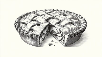 Apple pie with lattice crust and slice cut out in black and white engraving sketch vintage illustration style