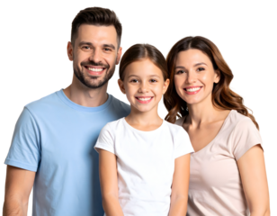 Happy family of three smiling at the camera, isolated transparent background.