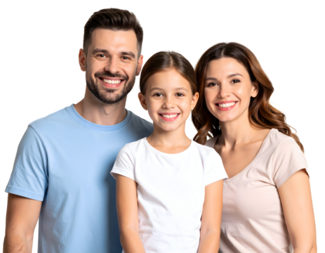 Happy family of three smiling at the camera, isolated transparent background.