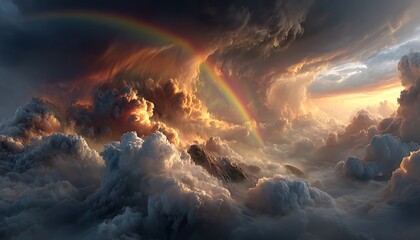 Fototapeta premium Hopeful rainbow storm bursting with bright green arcs and golden mist clouds