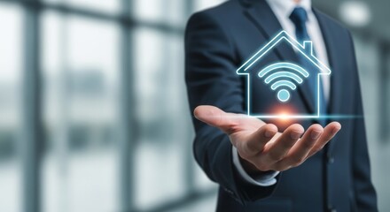 Business professional presenting smart home technology concept in modern office environment