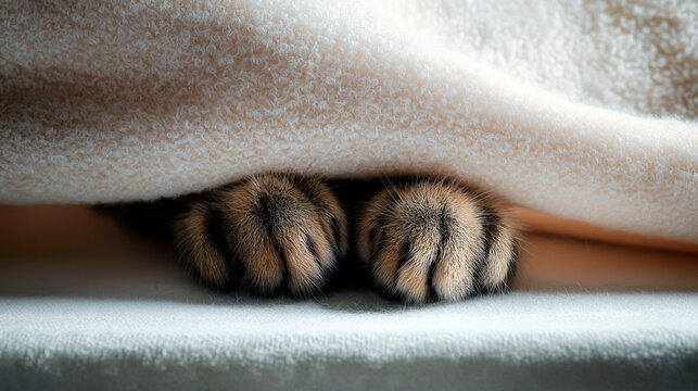 Cat paws peeking out from under a soft blanket on a cozy bed in warm natural light