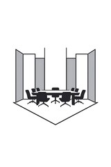Conference room interior design illustration with modern furniture layout featuring a central