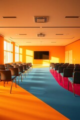Bright and modern conference room featuring rows of empty seats facing a screen ready for