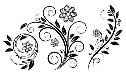 Elegant Black Floral Swirl Vector Set  Ornamental Flower Clipart Design