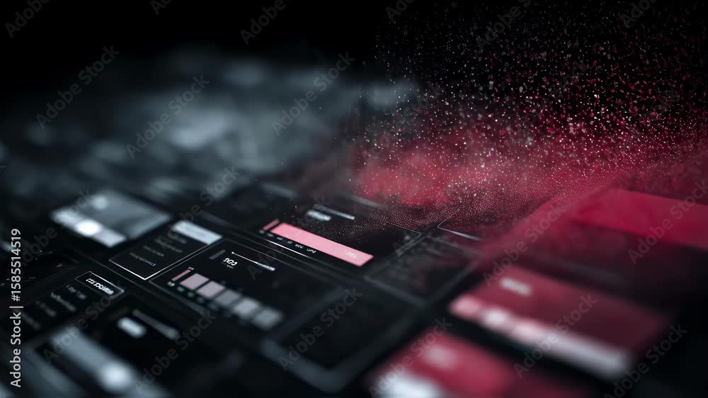 Wall mural complex digital interface processing data with flying red and white particles on a black background,