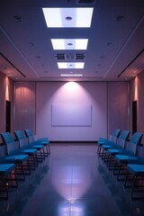 Eerie empty conference room with chairs, reflecting light and futuristic atmosphere ready for