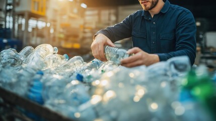 Factory worker sorting plastic bottles on a conveyor belt for recycling