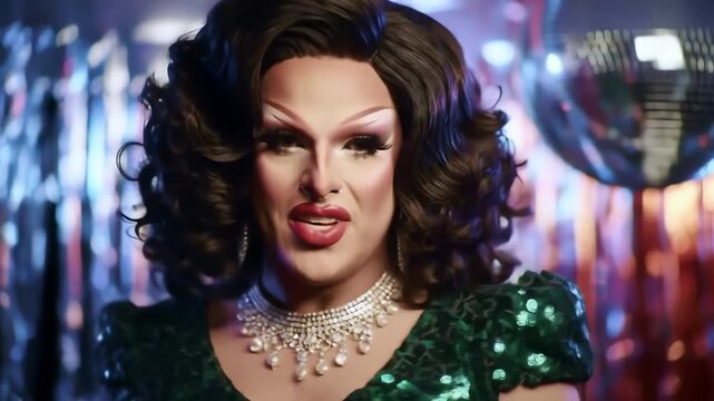 Fabulous drag queen in a sparkly green dress and jewelry performs at a vibrant disco party