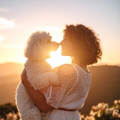 Young woman holding fluffy white poodle dog at golden sunset with mountain background and glowing warm sunlight