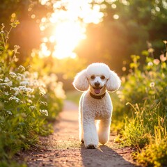 Happy white poodle dog walking along garden path in bright summer sunset with green plants and soft backlight