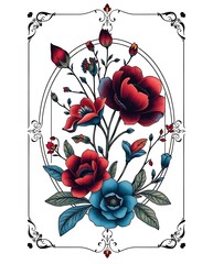 Elegant Floral Arrangement with Vintage Frame: A Timeless Botanical Art Piece