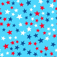 American patriotic seamless pattern. USA traditional backdrop.  Red white stars on blue background. Vector template for fabric, textile, wrapping paper, wallpaper, etc.