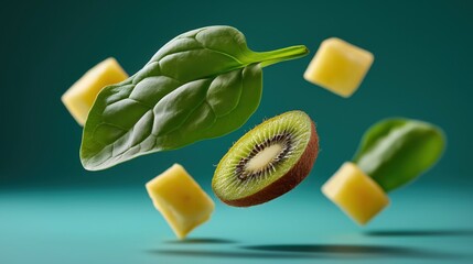 Fresh kiwi, pineapple and spinach leaves floating on turquoise background