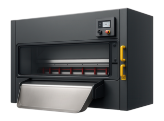 CNC guillotine shear with a fully enclosed cutting area and automatic waste disposal system for a high-safety industrial environment