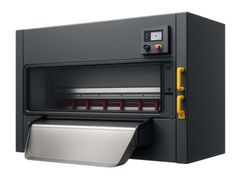 CNC guillotine shear with a fully enclosed cutting area and automatic waste disposal system for a high-safety industrial environment