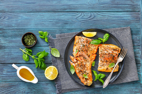 grilled salmon fillets with skin-on, top view