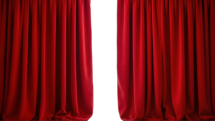 Elegant red velvet theater curtains partially open isolated on transparent background