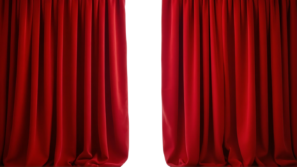 Elegant red velvet theater curtains partially open isolated on transparent background