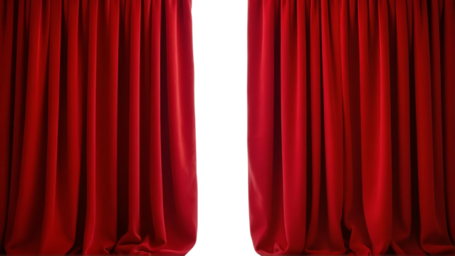 Elegant red velvet theater curtains partially open isolated on transparent background - Powered by Adobe
