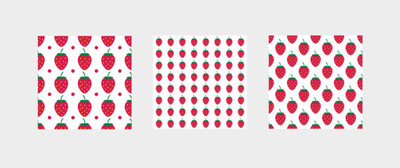 Set of 3 strawberry seamless patterns. Summer berries vector background.  Vector template for fabric, textile, wallpaper, wrapping paper, etc.