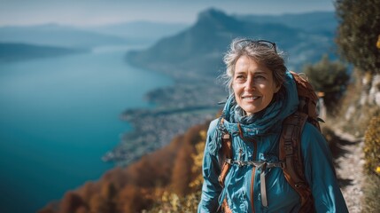 Mature Woman Hiking Overlooking Lake