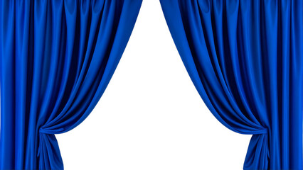Elegant blue velvet stage curtains parted to reveal a dark space isolated on transparent background