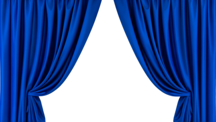 Elegant blue velvet stage curtains parted to reveal a dark space isolated on transparent background