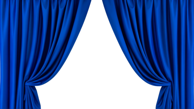 Elegant blue velvet stage curtains parted to reveal a dark space isolated on transparent background