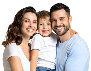 Happy family of three smiling at the camera, isolated transparent background.
