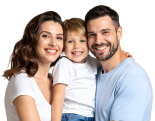 Happy family of three smiling at the camera, isolated transparent background.