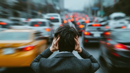 Man Overwhelmed by City Traffic