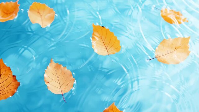 Orange autumn leaves drifting on vibrant blue water with circular ripple patterns. Delicate leaf textures contrast against smooth liquid background