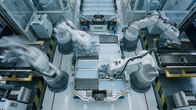 Time-Lapse of Industrial Robot Arms Assemble Lithium-Ion EV Battery Pack for Automotive Industry. Top View of Automated Production Line with White Robotic Arms at Factory.  Smart Manufacturing Line