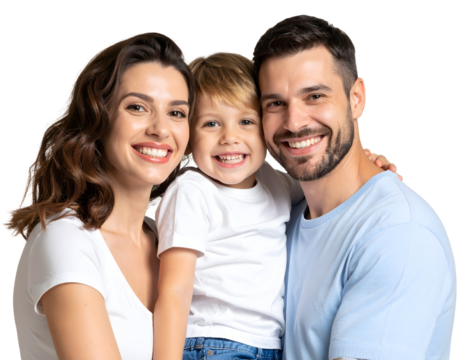 Happy family of three smiling at the camera, isolated transparent background.
