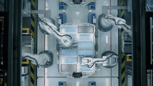 Top View of Automated Production Line with White Robotic Arms at Factory. Time-Lapse of Industrial Robot Arms Assemble Lithium-Ion EV Battery Pack for Automotive Industry. Smart Manufacturing Line