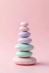 Balanced Stack of Pastel Pebbles on Pink Background
