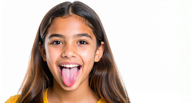 Una ni&ntilde;a sonriente sacando la lengua con expresion divertida y alegre sobre fondo blanco en el dia mundial de sacar la lengua