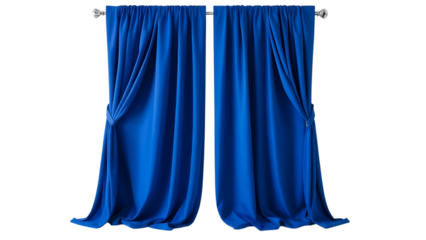 Elegant royal blue velvet curtains tied back with decorative finials isolated on transparent background