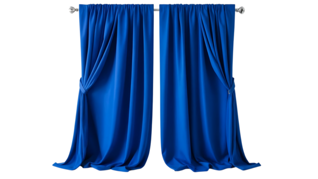 Elegant royal blue velvet curtains tied back with decorative finials isolated on transparent background