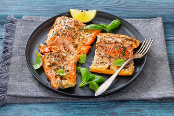 grilled salmon fillets with skin-on, top view